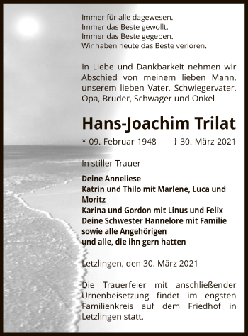 Traueranzeige von Hans-Joachim Trilat von UEL