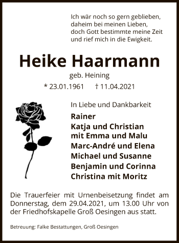 Traueranzeige von Heike Haarmann von UEL