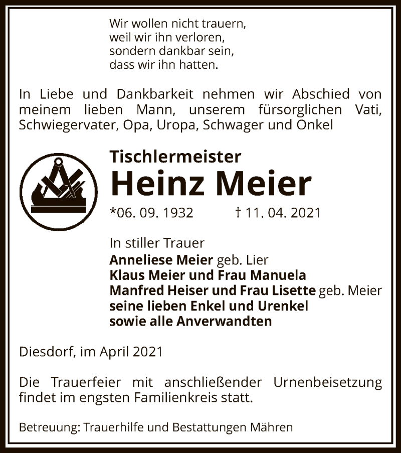  Traueranzeige für Heinz Meier vom 14.04.2021 aus UEL