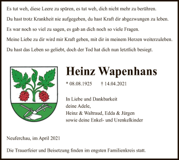Traueranzeige von Heinz Wapenhans von UEL