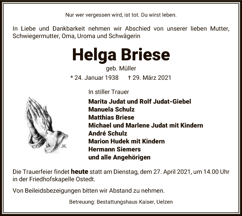  Traueranzeige für Helga Briese vom 27.04.2021 aus UEL