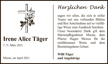 Traueranzeige von Irene Alice Täger von UEL