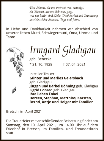 Traueranzeige von Irmgard Gladigau von UEL