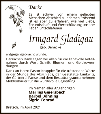 Traueranzeige von Irmgard Gladigau von UEL