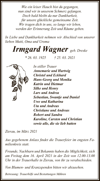 Traueranzeige von Irmgard Wagner von UEL