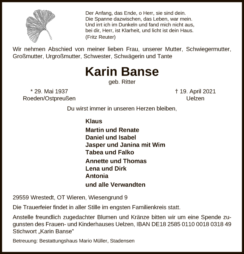  Traueranzeige für Karin Banse vom 24.04.2021 aus UEL