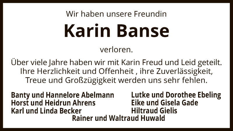  Traueranzeige für Karin Banse vom 24.04.2021 aus UEL