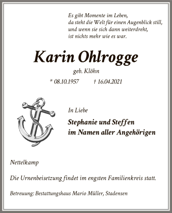 Traueranzeige von Karin Ohlrogge von UEL