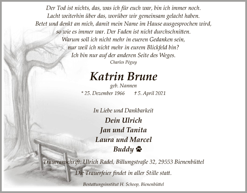  Traueranzeige für Katrin Brune vom 10.04.2021 aus UEL
