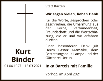 Traueranzeige von Kurt Binder von UEL