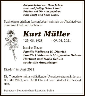 Traueranzeige von Kurt Müller von UEL