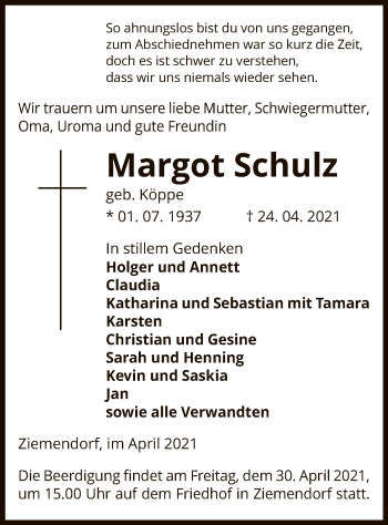 Traueranzeige von Margot Schulz von UEL