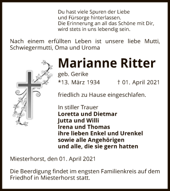 Traueranzeige von Marianne Ritter von UEL