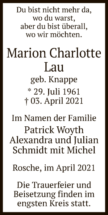 Traueranzeige von Marion Charlotte Lau von UEL