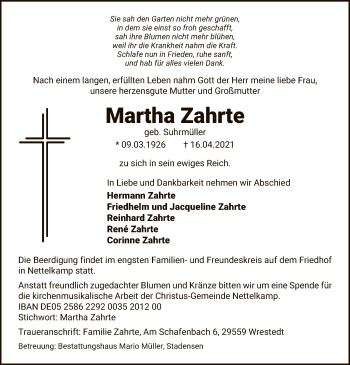 Traueranzeige von Martha Zahrte von UEL