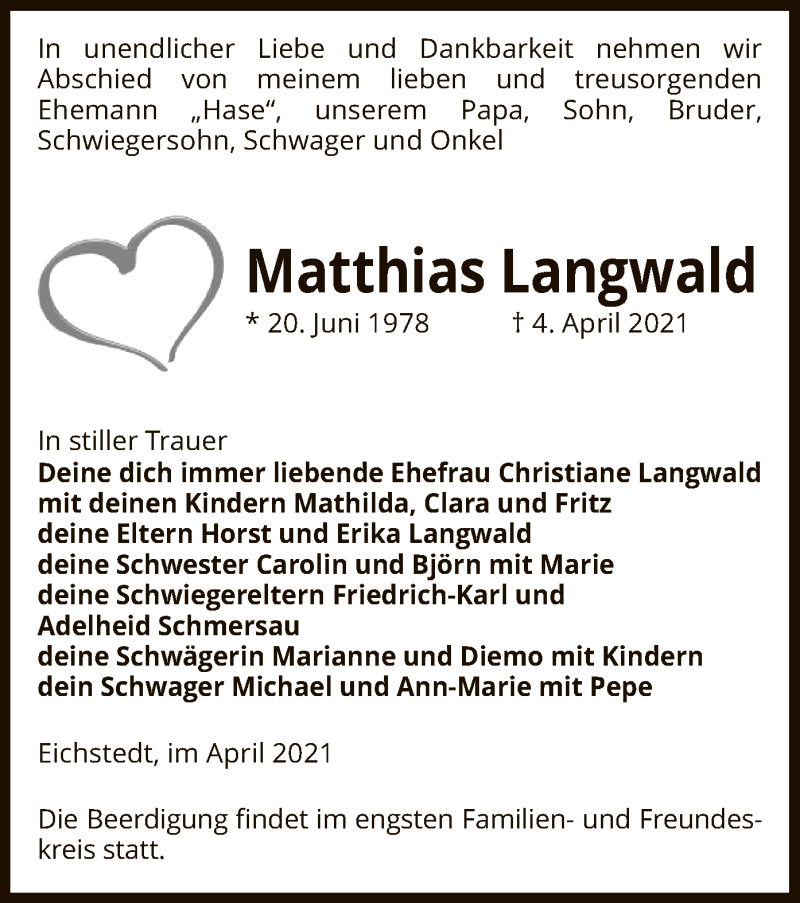  Traueranzeige für Matthias Langwald vom 09.04.2021 aus UEL