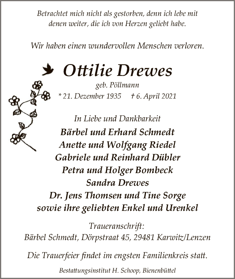  Traueranzeige für Ottilie Drewes vom 10.04.2021 aus UEL