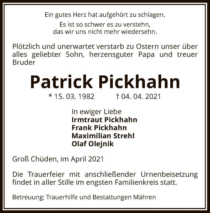  Traueranzeige für Patrick Pickhahn vom 09.04.2021 aus UEL
