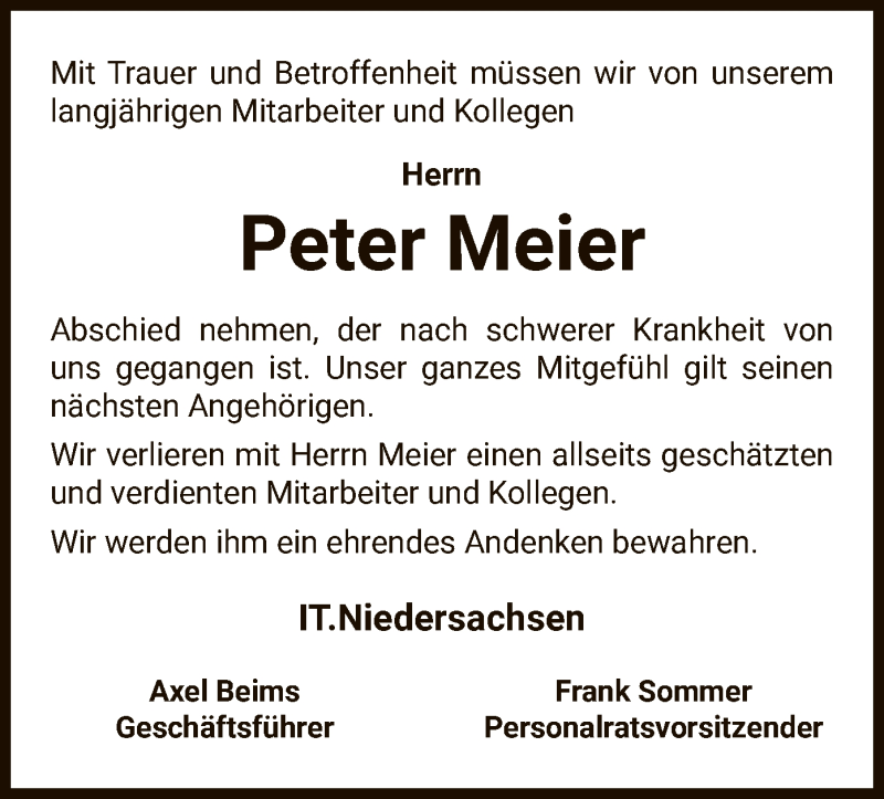  Traueranzeige für Peter Meier vom 17.04.2021 aus UEL
