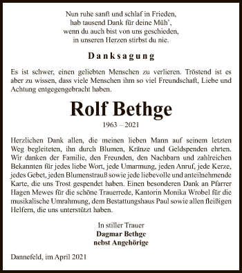 Traueranzeige von Rolf Bethge von UEL