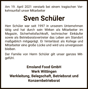 Traueranzeige von Sven Schüler von UEL