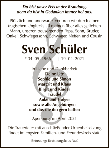 Traueranzeige von Sven Schüler von UEL