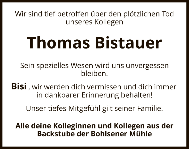  Traueranzeige für Thomas Bistauer vom 14.04.2021 aus UEL