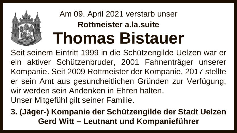 Traueranzeige für Thomas Bistauer vom 14.04.2021 aus UEL