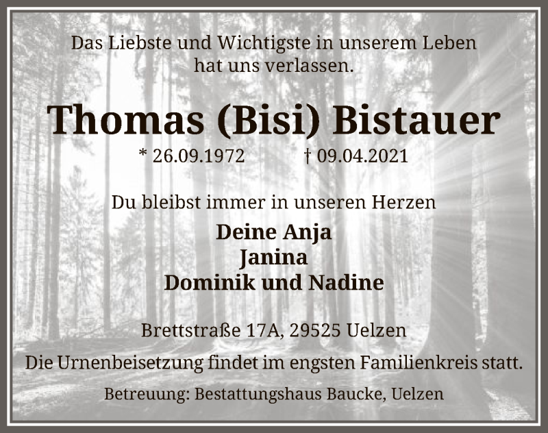  Traueranzeige für Thomas Bistauer vom 13.04.2021 aus UEL