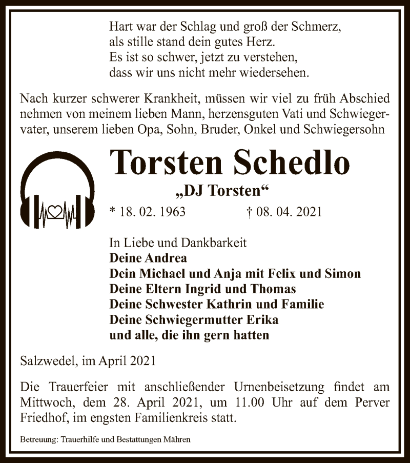 Traueranzeige für Torsten Schedlo vom 10.04.2021 aus UEL