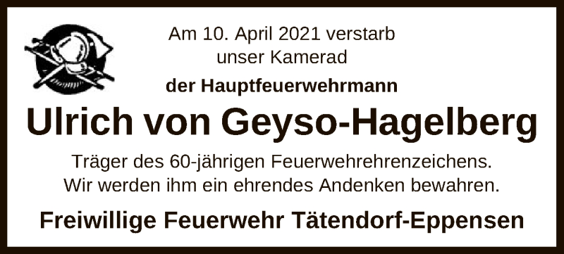  Traueranzeige für Ulrich von Geyso-Hagelberg vom 13.04.2021 aus UEL