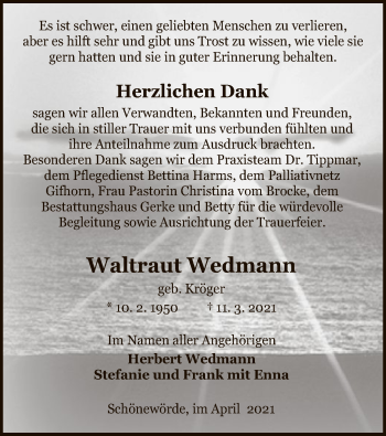 Traueranzeige von Waltraut Wedmann von UEL