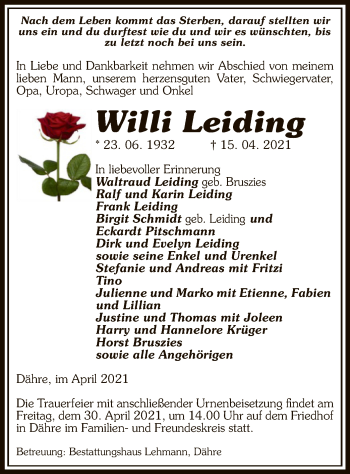 Traueranzeige von Willi Leiding von UEL