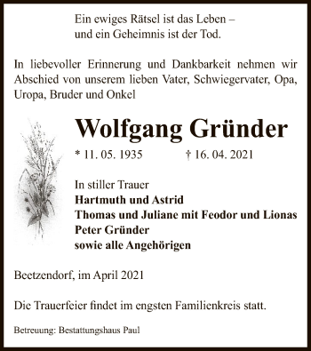 Traueranzeige von Wolfgang Gründer von UEL
