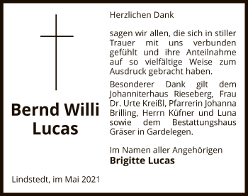 Traueranzeige von Bernd Willi Lucas von UEL