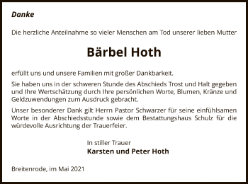 Traueranzeige von Bärbel Hoth von UEL