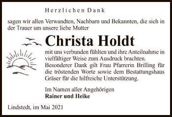 Traueranzeige von Christa Holdt von UEL