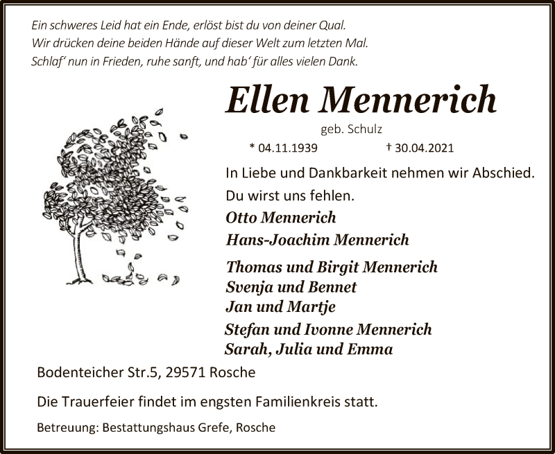  Traueranzeige für Ellen Mennerich vom 08.05.2021 aus UEL