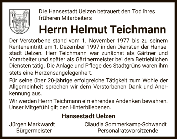 Traueranzeige von Helmut Teichmann von UEL