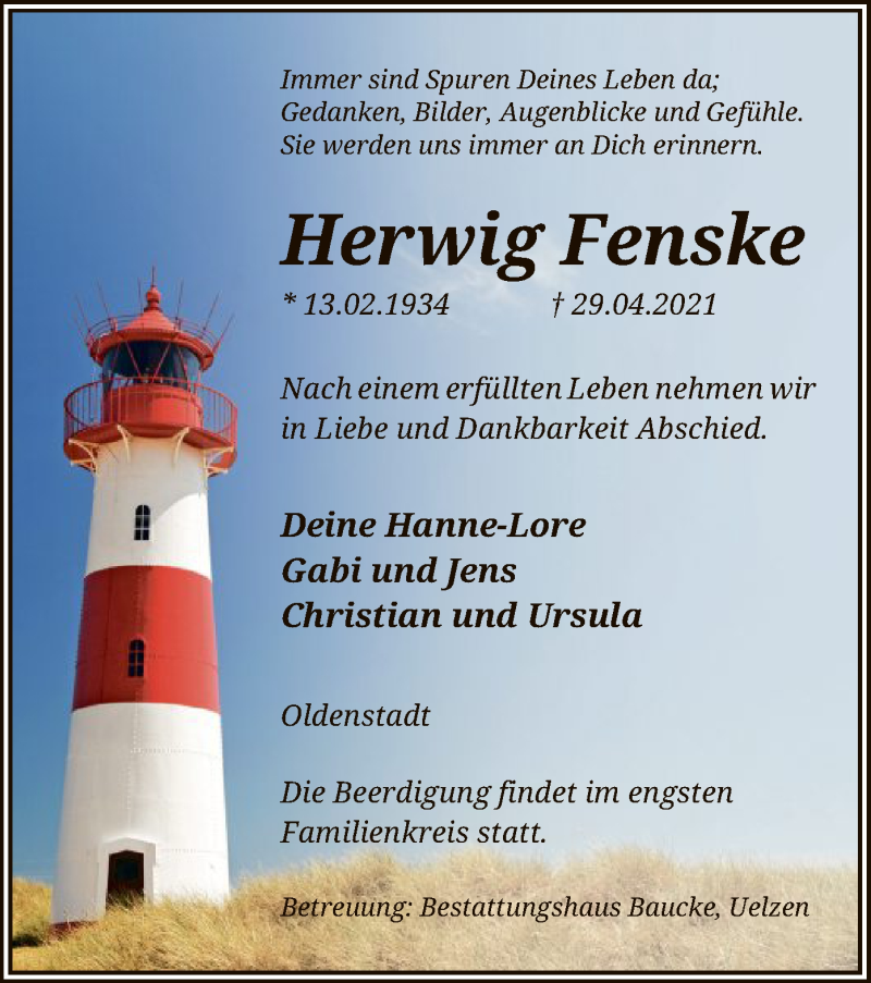  Traueranzeige für Herwig Fenske vom 08.05.2021 aus UEL