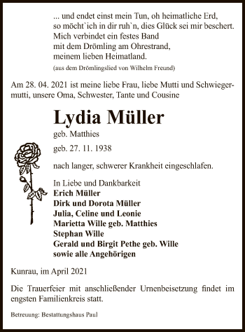 Traueranzeige von Lydia Müller von UEL