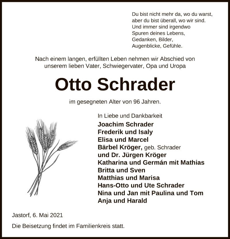  Traueranzeige für Otto Schrader vom 08.05.2021 aus UEL
