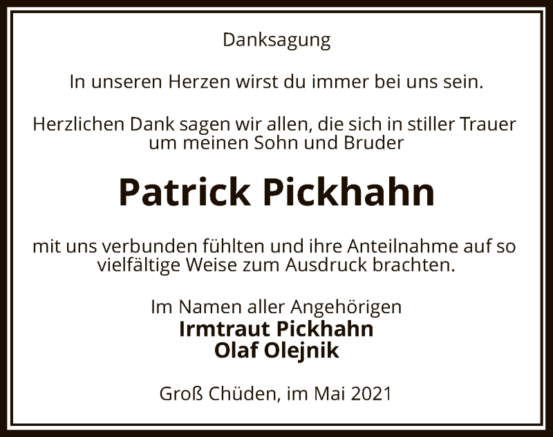  Traueranzeige für Patrick Pickhahn vom 07.05.2021 aus UEL