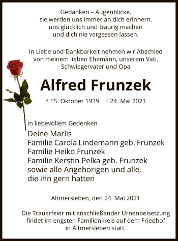 Traueranzeige von Alfred Frunzek von UEL