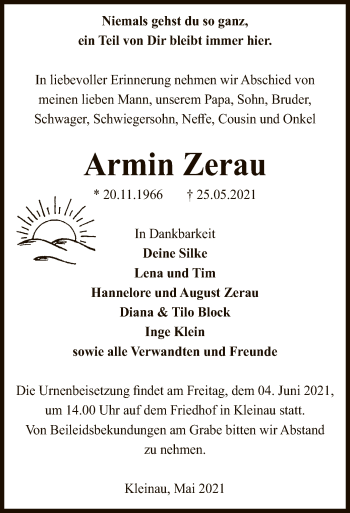 Traueranzeige von Armin Zerau von UEL