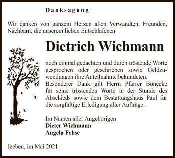 Traueranzeige von Dietrich Wichmann von UEL