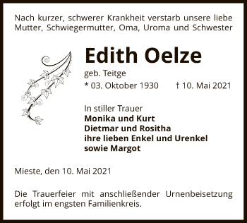 Traueranzeige von Edith Oelze von UEL