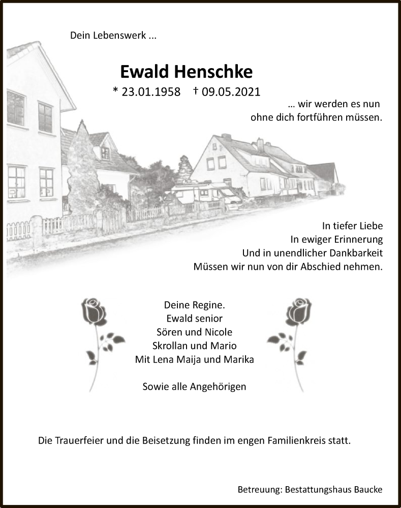 Traueranzeige für Ewald Henschke vom 15.05.2021 aus UEL