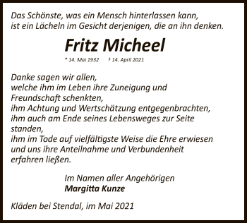 Traueranzeige von Fritz Micheel von UEL