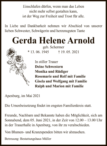 Traueranzeige von Gerda Helen Arnold von UEL